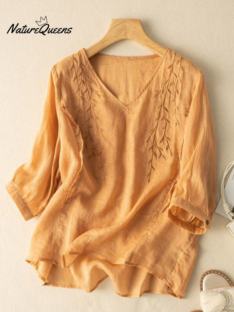 Women's V-neck Solid Color Embroidered Half-Sleeve Casual Cotton and Linen Top