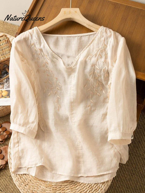 Women's V-neck Solid Color Embroidered Half-Sleeve Casual Cotton and Linen Top