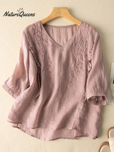 Women's V-neck Solid Color Embroidered Half-Sleeve Casual Cotton and Linen Top