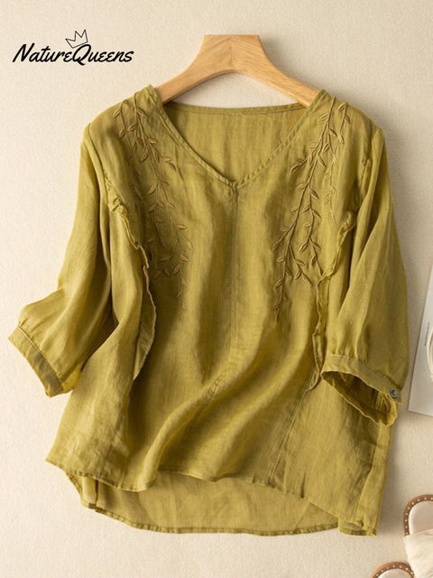 Women's V-neck Solid Color Embroidered Half-Sleeve Casual Cotton and Linen Top
