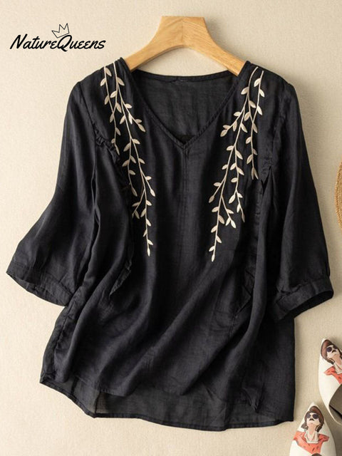 Women's V-neck Solid Color Embroidered Half-Sleeve Casual Cotton and Linen Top