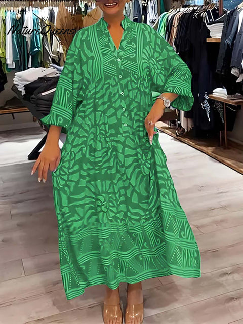 Women's Geometric Print V-Neck 3/4 Sleeve Casual Loose A-Line Dress
