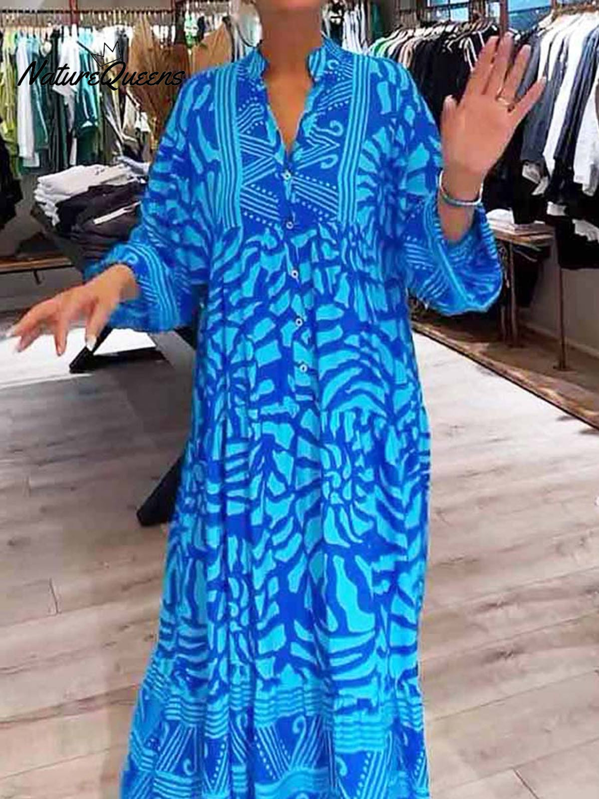 Women's Geometric Print V-Neck 3/4 Sleeve Casual Loose A-Line Dress