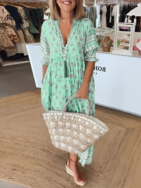 Women's Bohemian Print V-Neck Short Sleeve Casual Loose A-Line Dress