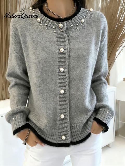 Women's Diamond Studded Crew Neck Long Sleeve Casual Cardigan Sweater