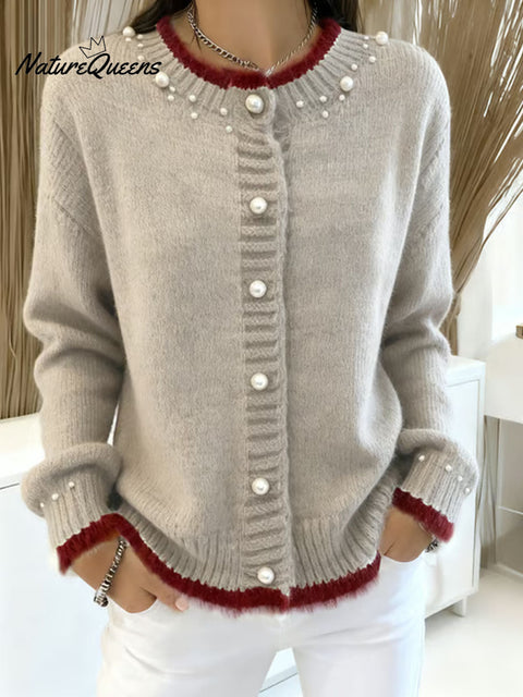Women's Diamond Studded Crew Neck Long Sleeve Casual Cardigan Sweater