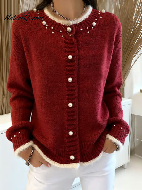 Women's Diamond Studded Crew Neck Long Sleeve Casual Cardigan Sweater