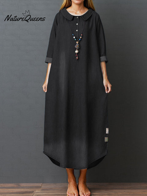 Women's Peter Pan Collar Long Sleeve Casual Loose Denim Dress