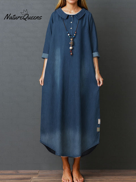 Women's Peter Pan Collar Long Sleeve Casual Loose Denim Dress
