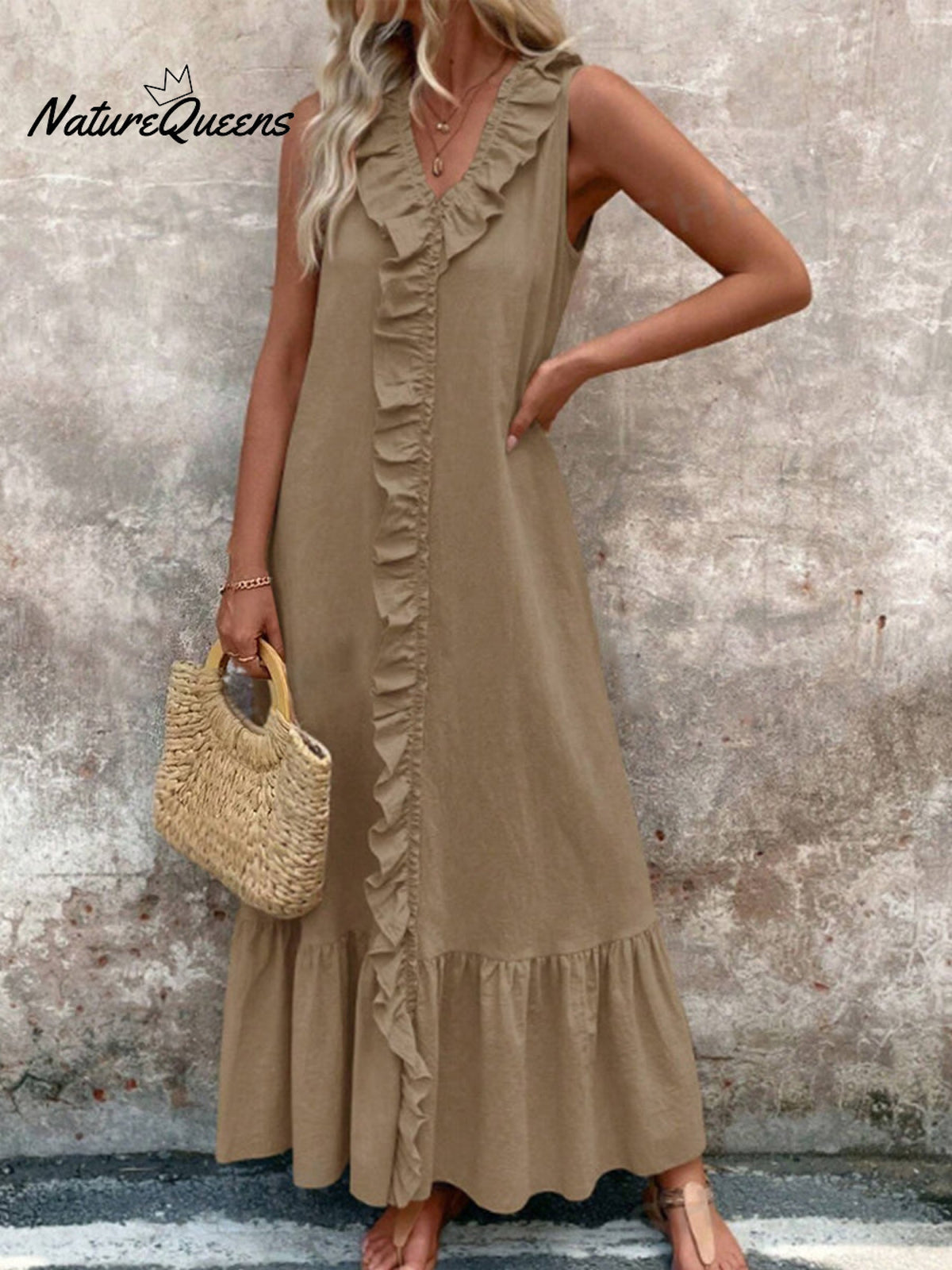 Women's V-neck Cotton and Linen Dress