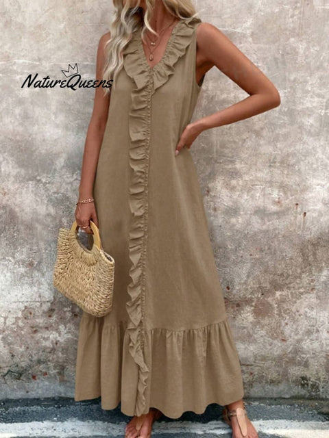Women's V-neck Cotton and Linen Dress