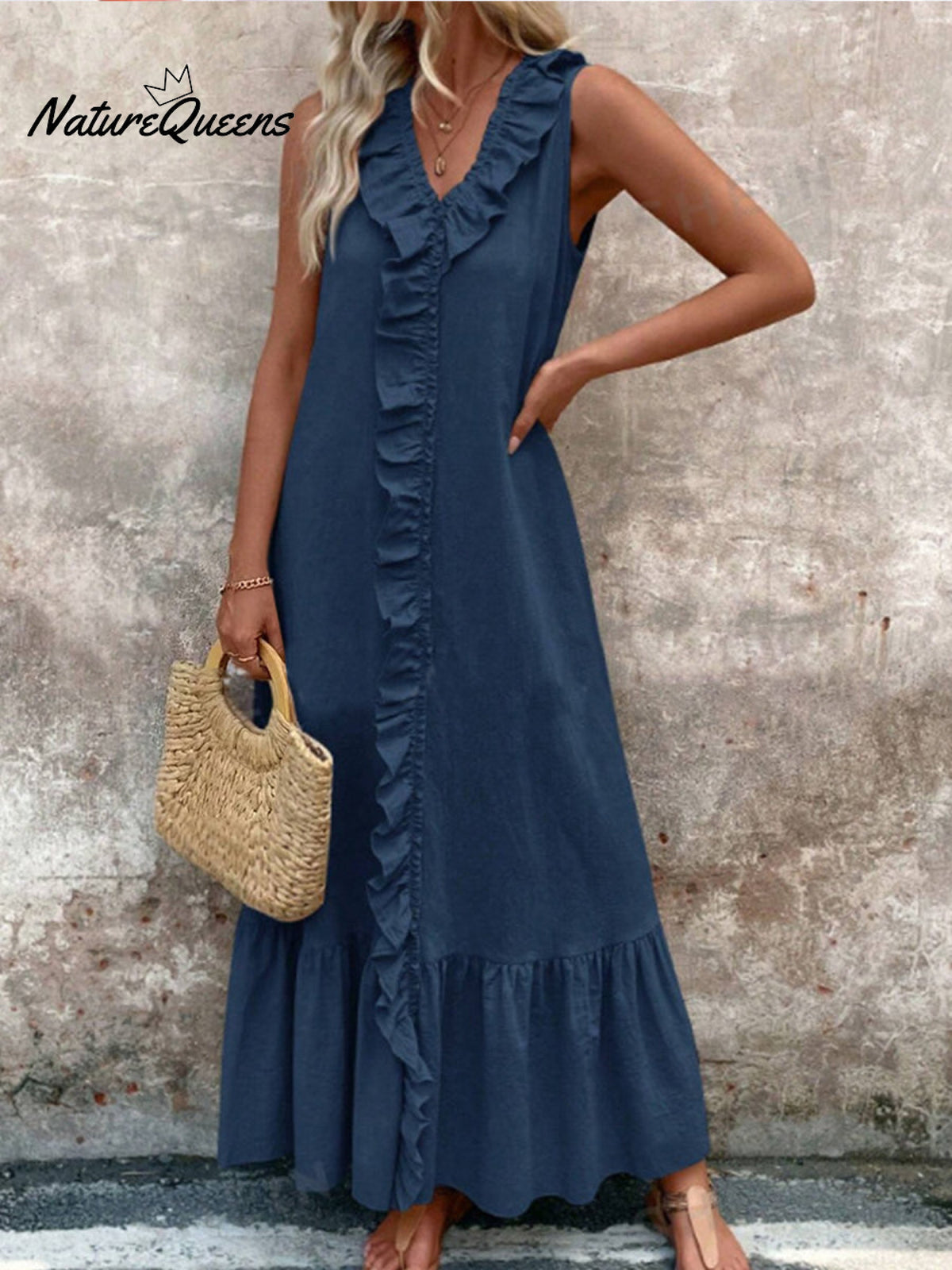 Women's V-neck Cotton and Linen Dress