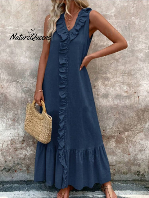 Women's V-neck Cotton and Linen Dress