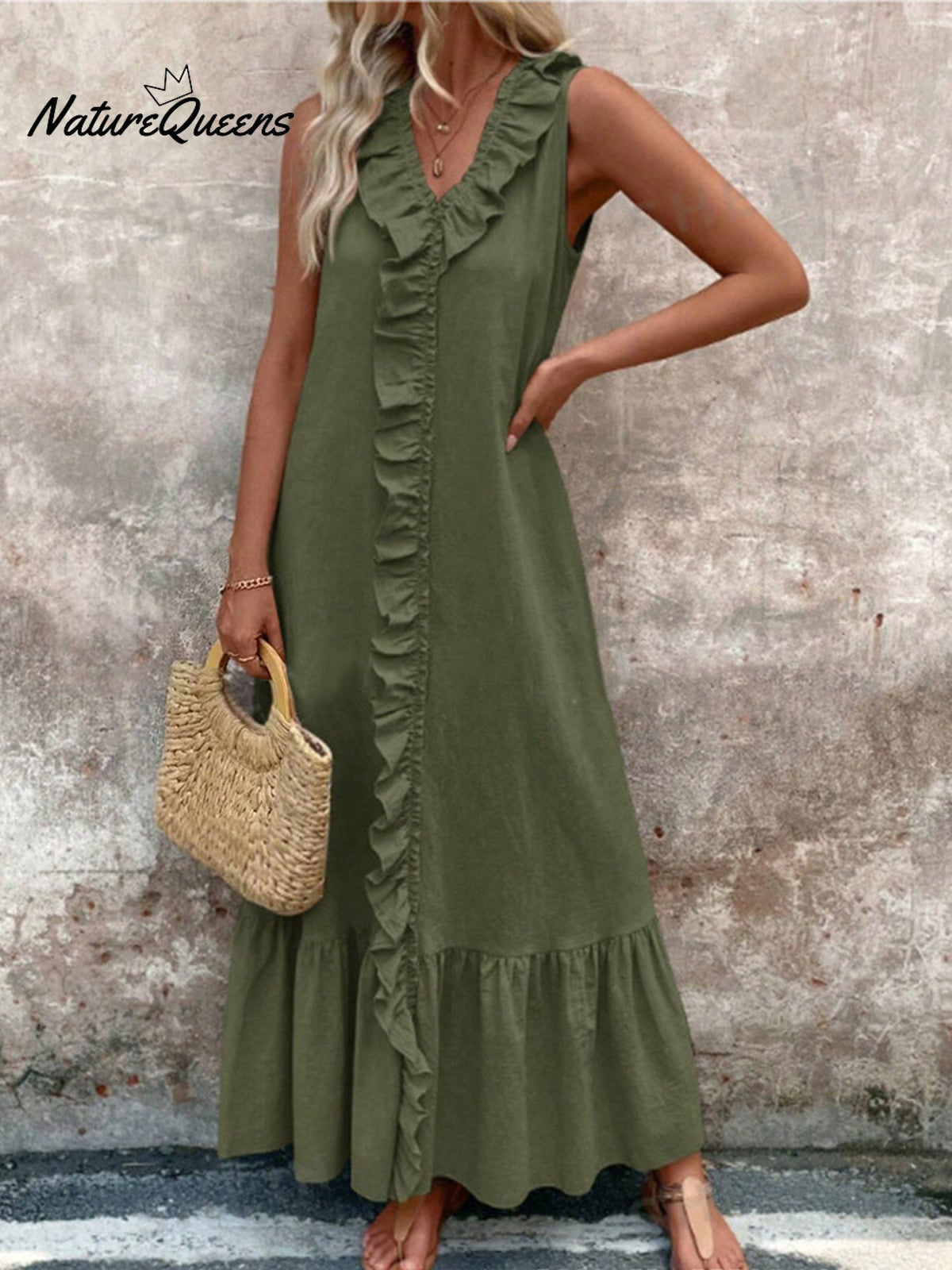 Women's V-neck Cotton and Linen Dress