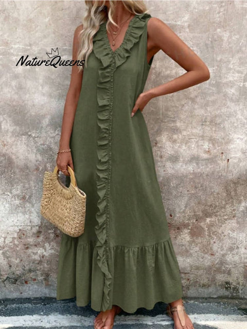 Women's V-neck Cotton and Linen Dress