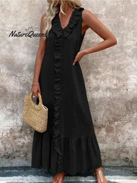 Women's V-neck Cotton and Linen Dress
