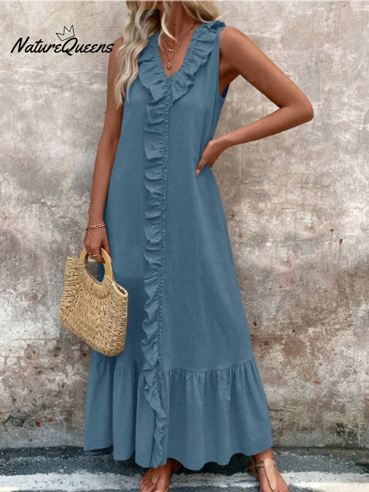 Women's V-neck Cotton and Linen Dress
