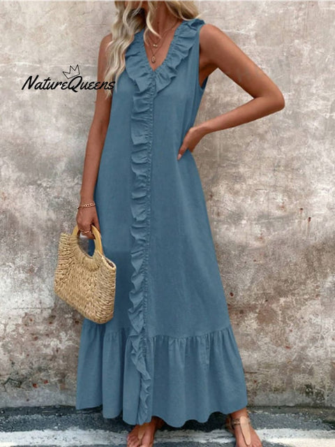 Women's V-neck Cotton and Linen Dress