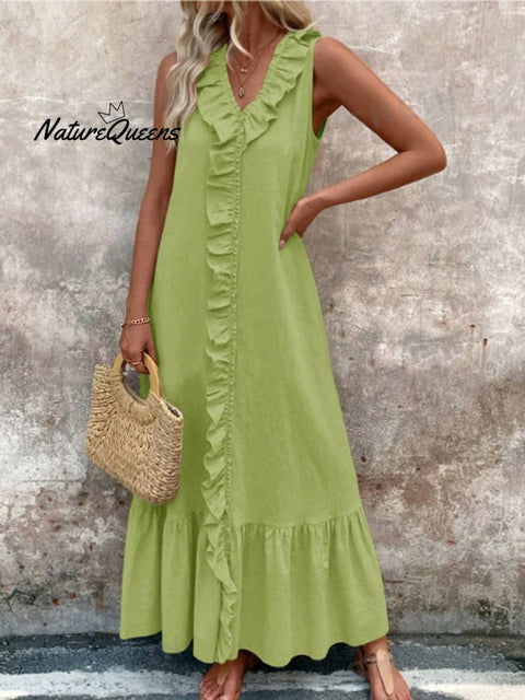 Women's V-neck Cotton and Linen Dress