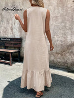 Women's V-neck Cotton and Linen Dress
