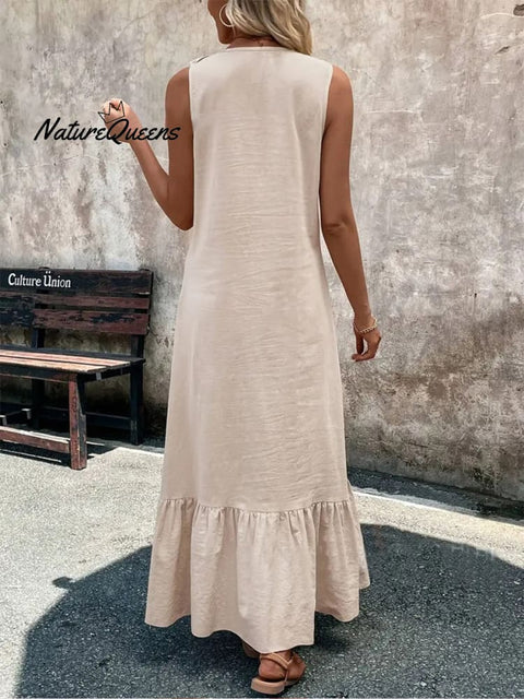 Women's V-neck Cotton and Linen Dress