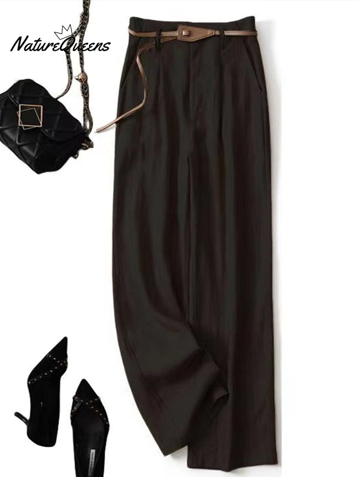 Women's Jacquard PatternTencel and Linen Wide-leg Casual Pants（Belt Included）