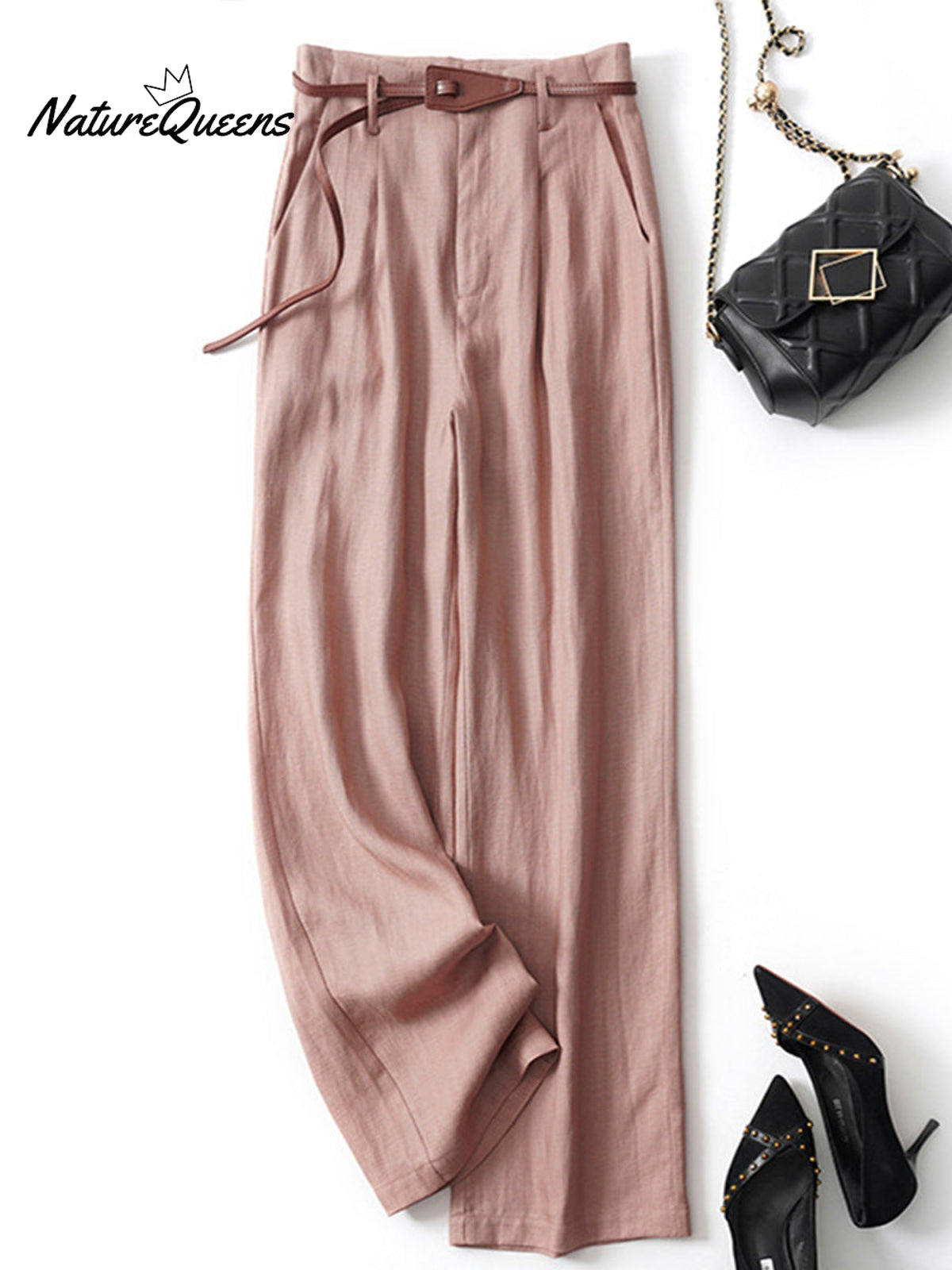 Women's Jacquard PatternTencel and Linen Wide-leg Casual Pants（Belt Included）