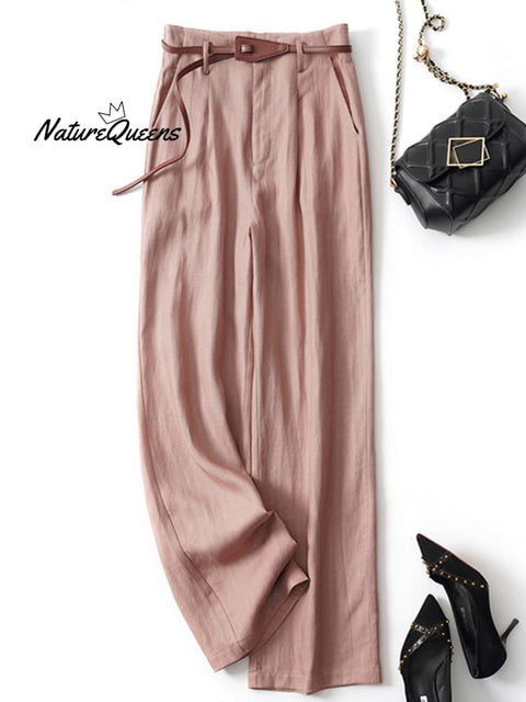 Women's Jacquard PatternTencel and Linen Wide-leg Casual Pants（Belt Included）