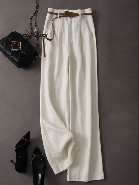 Women's Jacquard PatternTencel and Linen Wide-leg Casual Pants（Belt Included）