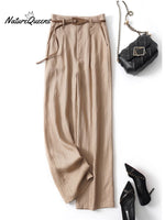 Women's Jacquard PatternTencel and Linen Wide-leg Casual Pants（Belt Included）