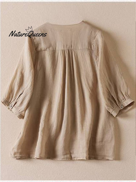 Women's V Neck Cotton and Linen Shirt