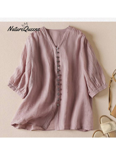 Women's V Neck Cotton and Linen Shirt