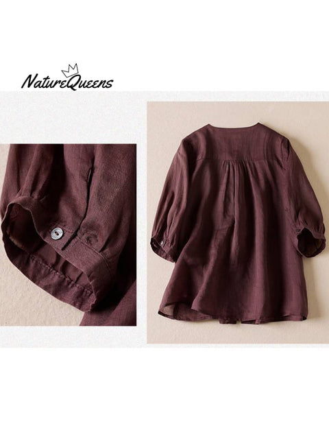 Women's V Neck Cotton and Linen Shirt