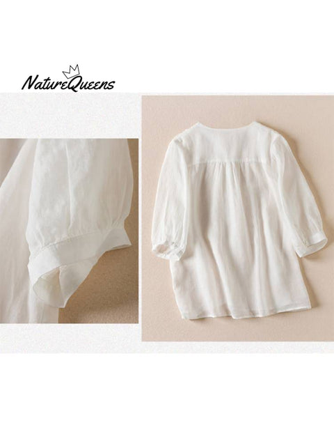 Women's V Neck Cotton and Linen Shirt