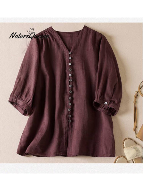 Women's V Neck Cotton and Linen Shirt