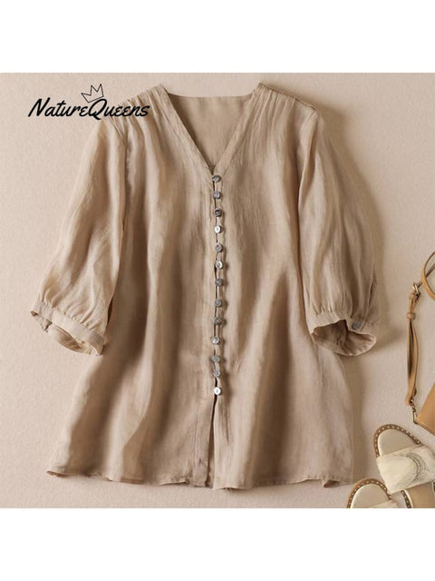 Women's V Neck Cotton and Linen Shirt