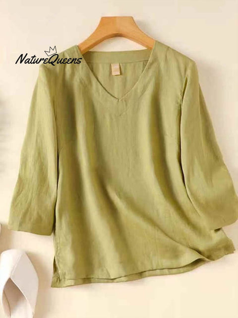Women's V Neck Cotton and Linen Shirt