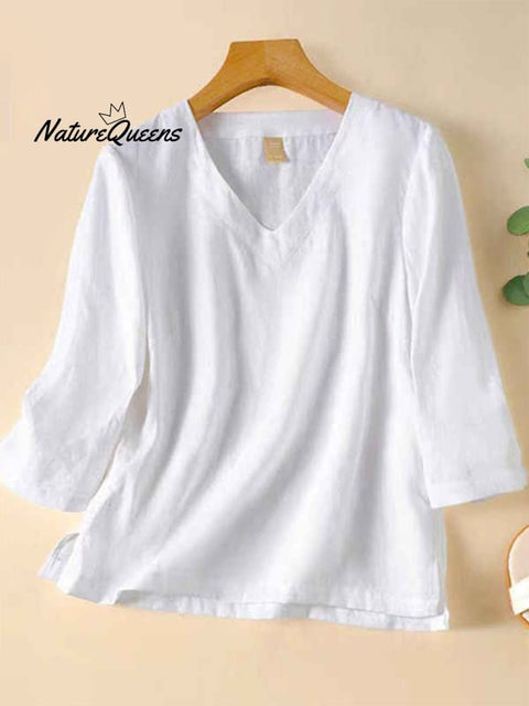 Women's V Neck Cotton and Linen Shirt