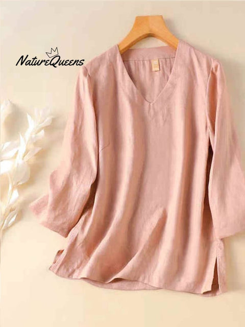 Women's V Neck Cotton and Linen Shirt