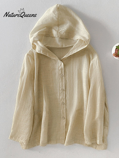 Women's Casual Cotton and Linen Hooded Cardigan