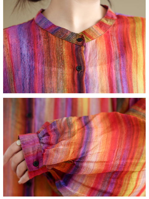 Women's Rainbow Cotton and Linen Casual Long-sleeved Shirt