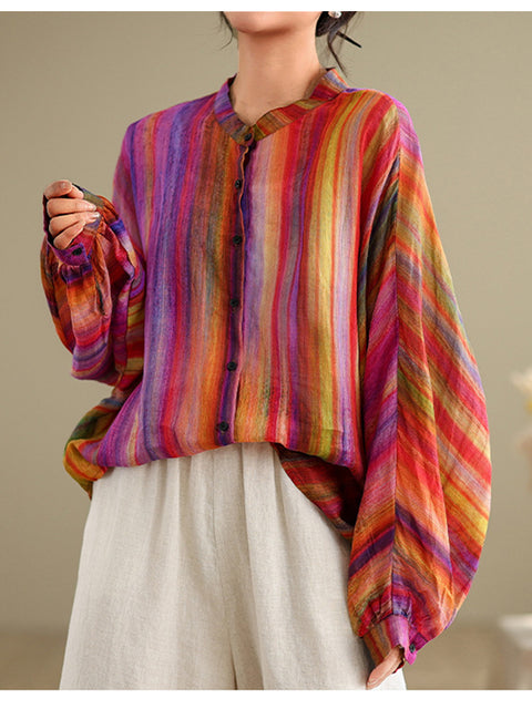 Women's Rainbow Cotton and Linen Casual Long-sleeved Shirt