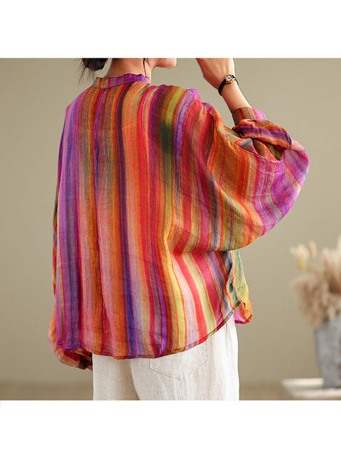 Women's Rainbow Cotton and Linen Casual Long-sleeved Shirt