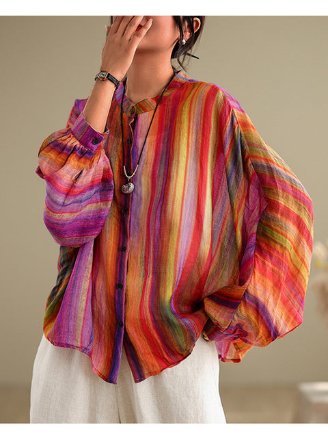 Women's Rainbow Cotton and Linen Casual Long-sleeved Shirt