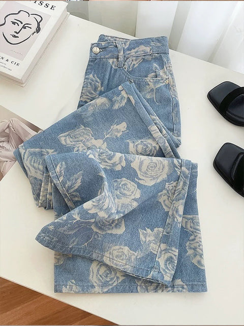 Women's Rose Print Casual Wide-leg Jeans