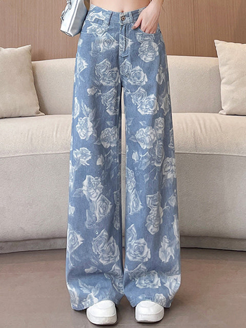 Women's Rose Print Casual Wide-leg Jeans