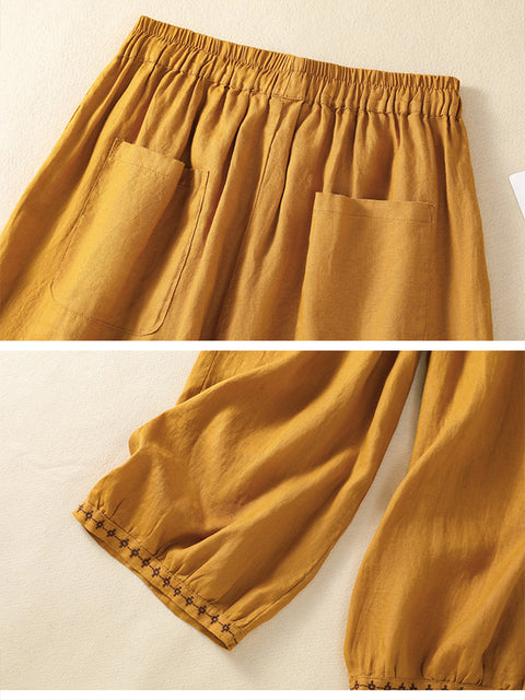 Women's Casual Embroidered Cotton and Linen Pants