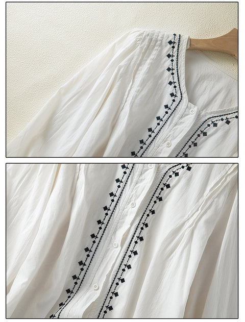 Women's Casual Embroidered Cotton and Linen Long Sleeve Shirt