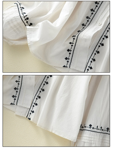 Women's Casual Embroidered Cotton and Linen Long Sleeve Shirt