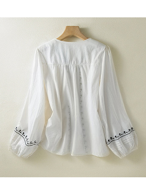 Women's Casual Embroidered Cotton and Linen Long Sleeve Shirt